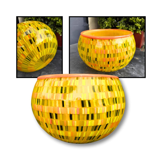 Heather Kremen handblown glass bowl titled "Canola Fields" in vibrant yellow tones, artisan home décor