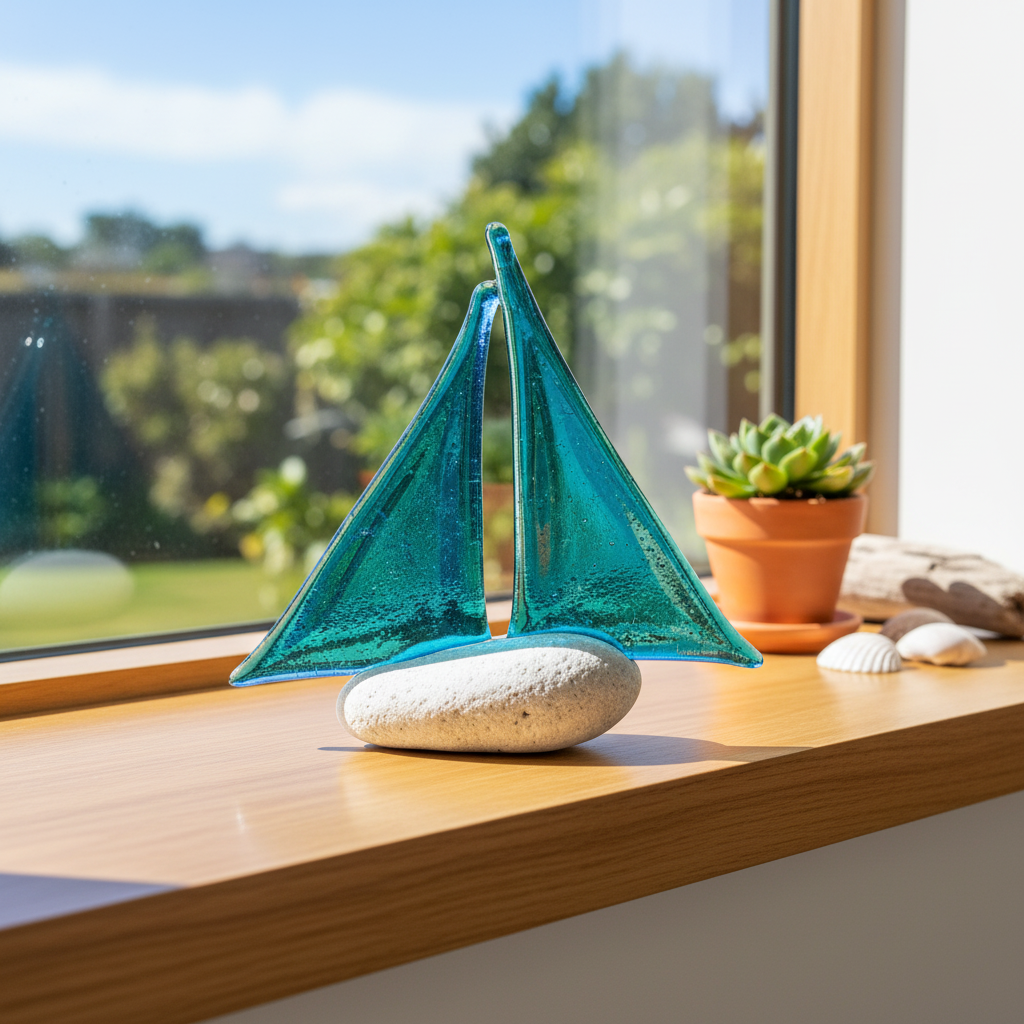 Glass Sailboat by Jenni Foster on windowsill in coastal home with natural light and beach-inspired styling
