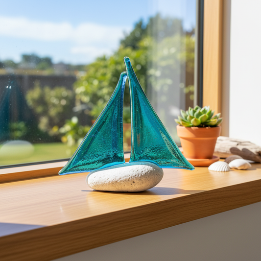 Glass Sailboat by Jenni Foster on windowsill in coastal home with natural light and beach-inspired styling
