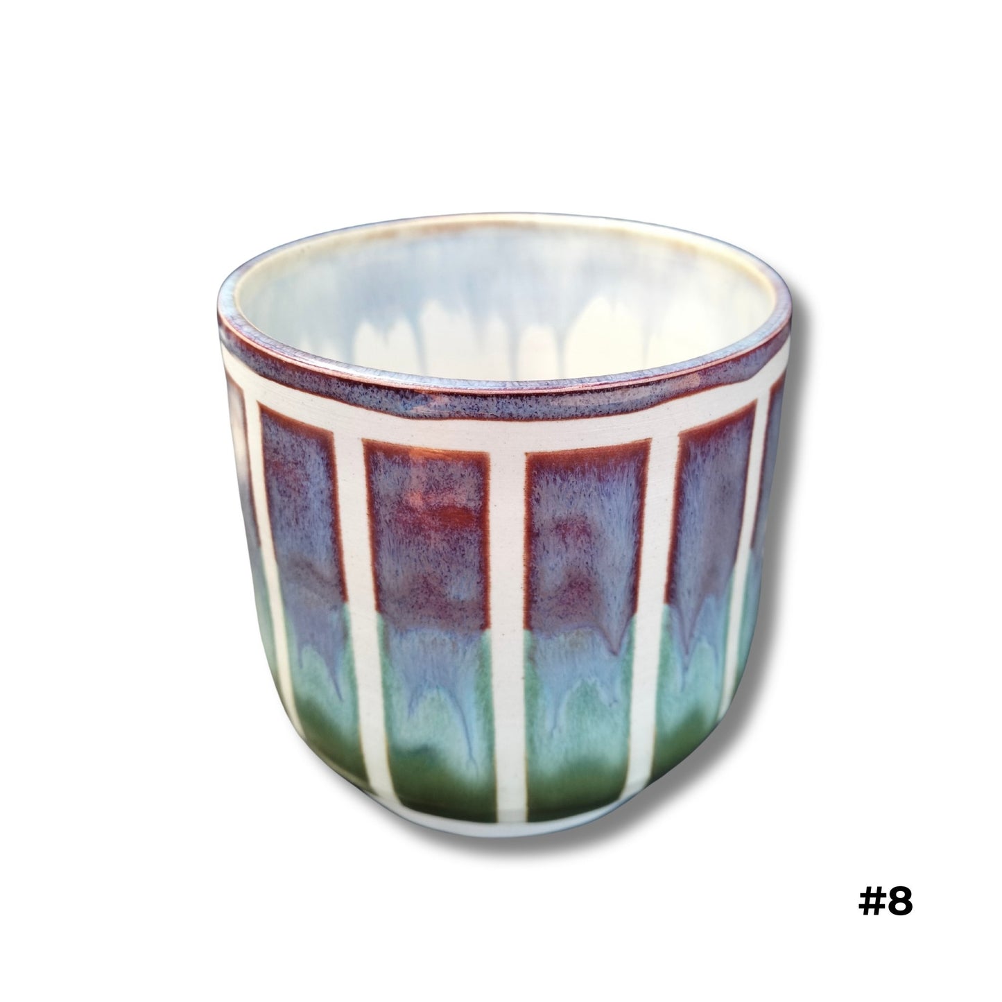 Forest Twilight Vase with vertical panels in burgundy, aqua, and green glazes by Karene Fairey
