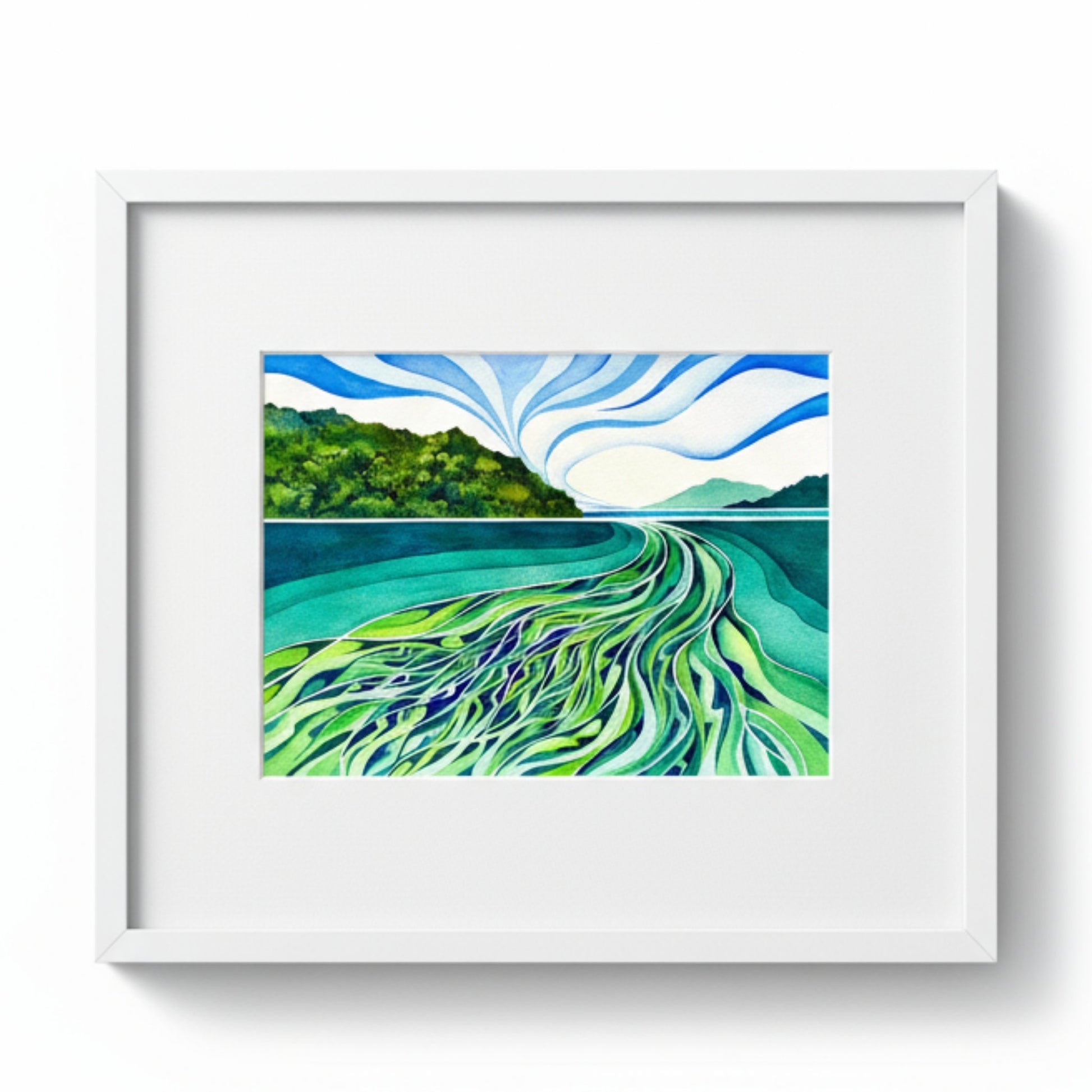 Framed artwork of a stylized landscape with green and blue tones.