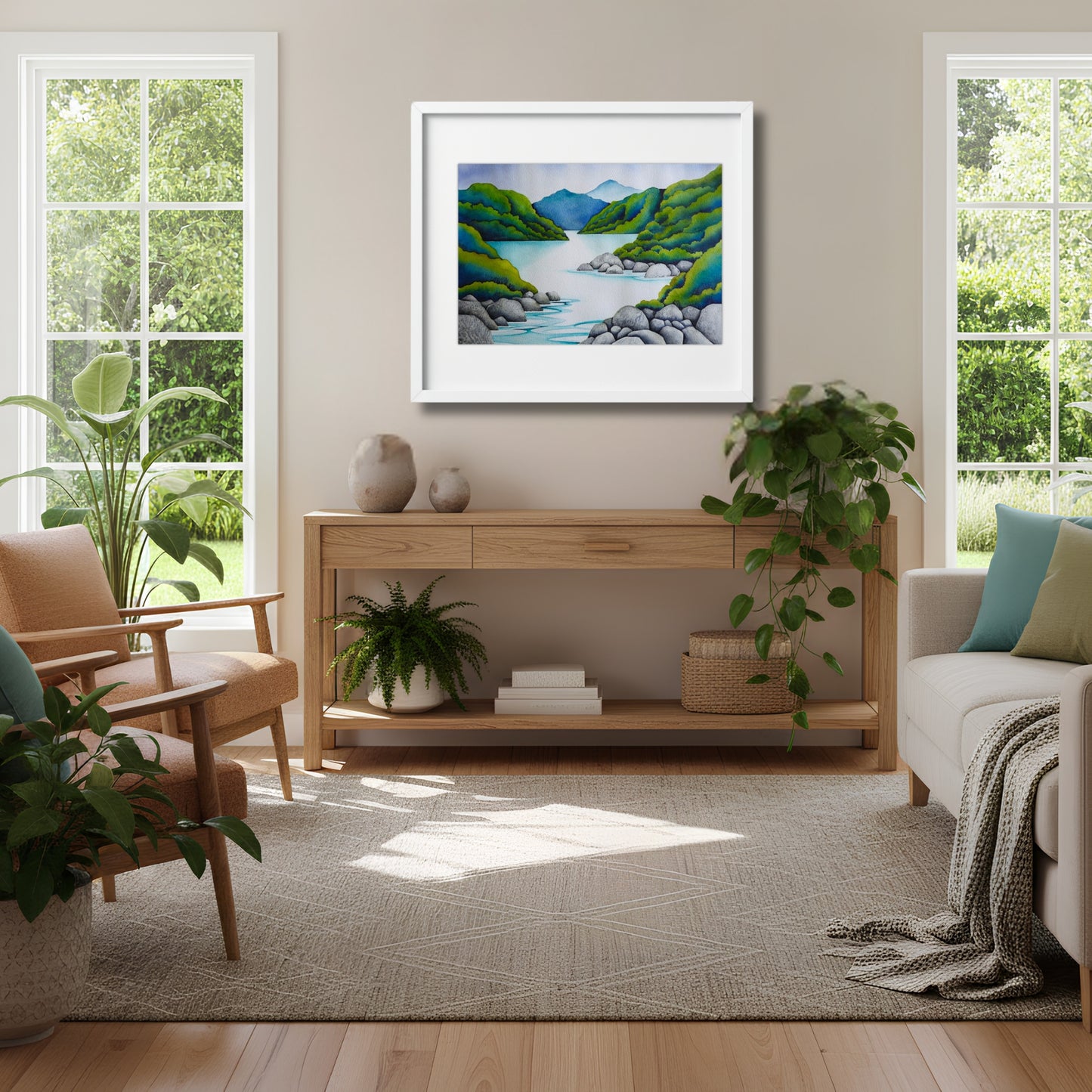 The Great Alone by Raewyn Harris displayed in a contemporary NZ home interior, large watercolour landscape painting in teal, green and blue tones
