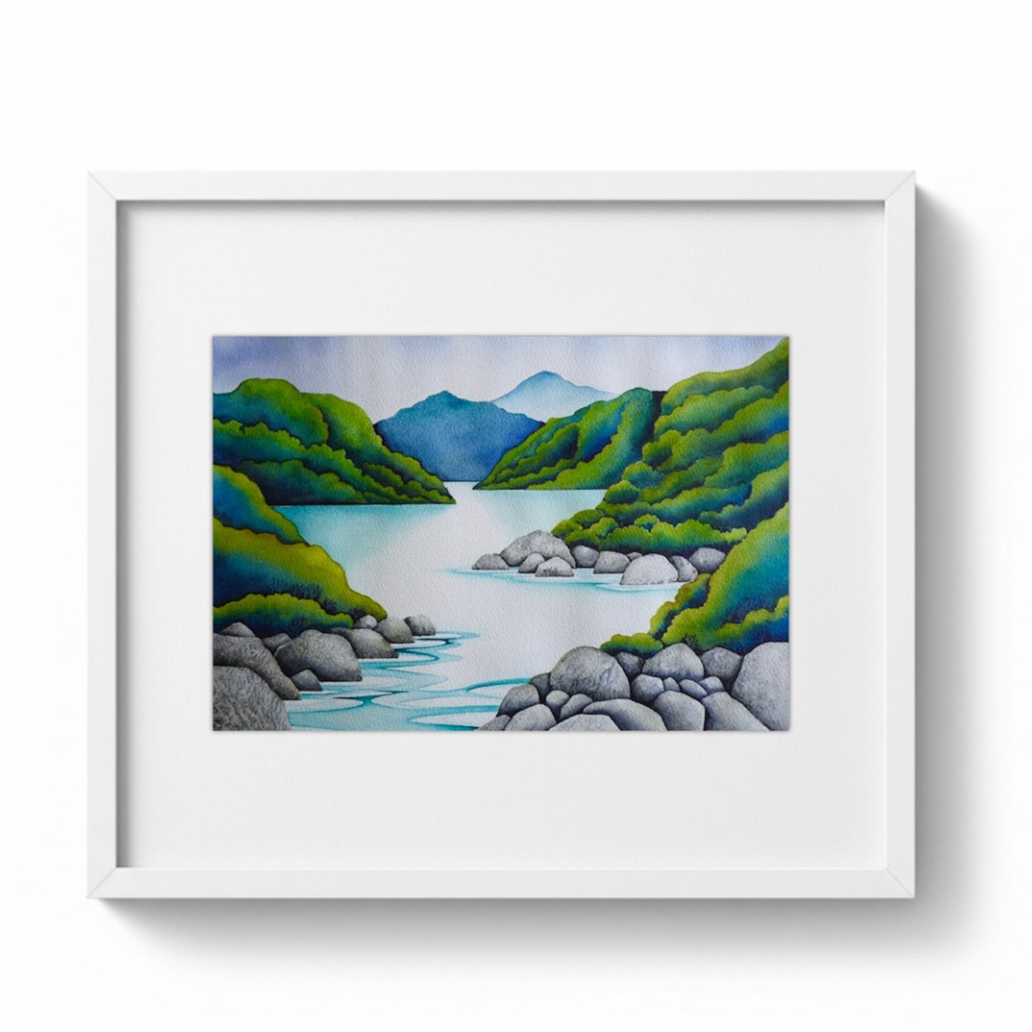 The Great Alone, original watercolour by Raewyn Harris, NZ fiordland landscape with turquoise inlet, green bush hills and grey boulders, white frame
