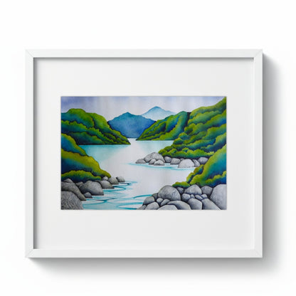 The Great Alone, original watercolour by Raewyn Harris, NZ fiordland landscape with turquoise inlet, green bush hills and grey boulders, white frame
