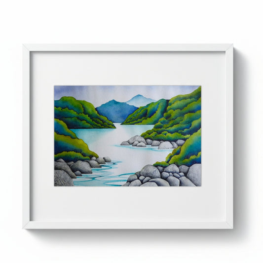 The Great Alone, original watercolour by Raewyn Harris, NZ fiordland landscape with turquoise inlet, green bush hills and grey boulders, white frame
