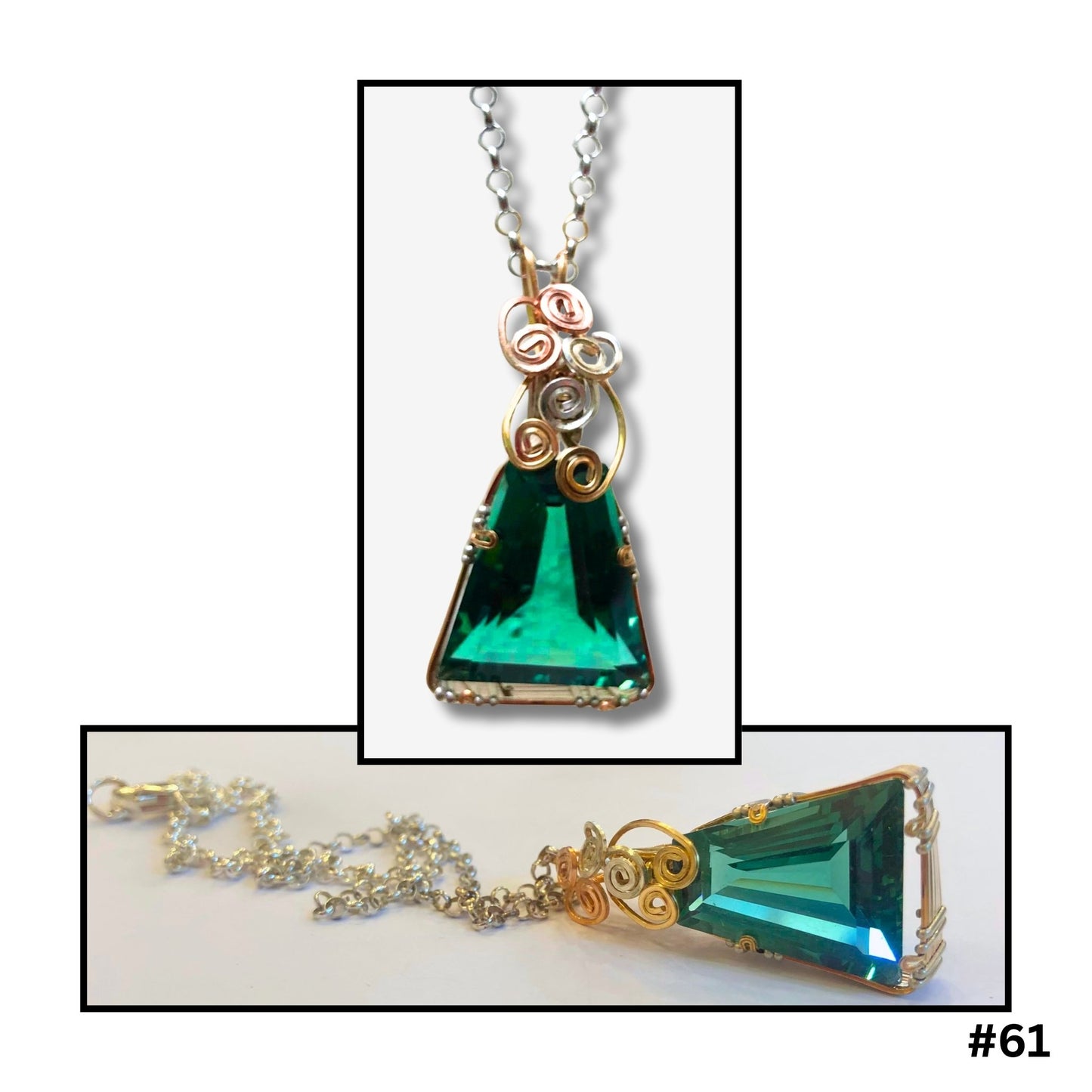 Triangular green amethyst pendant with gold-filled wire scrollwork on silver chain by Diane Davidson