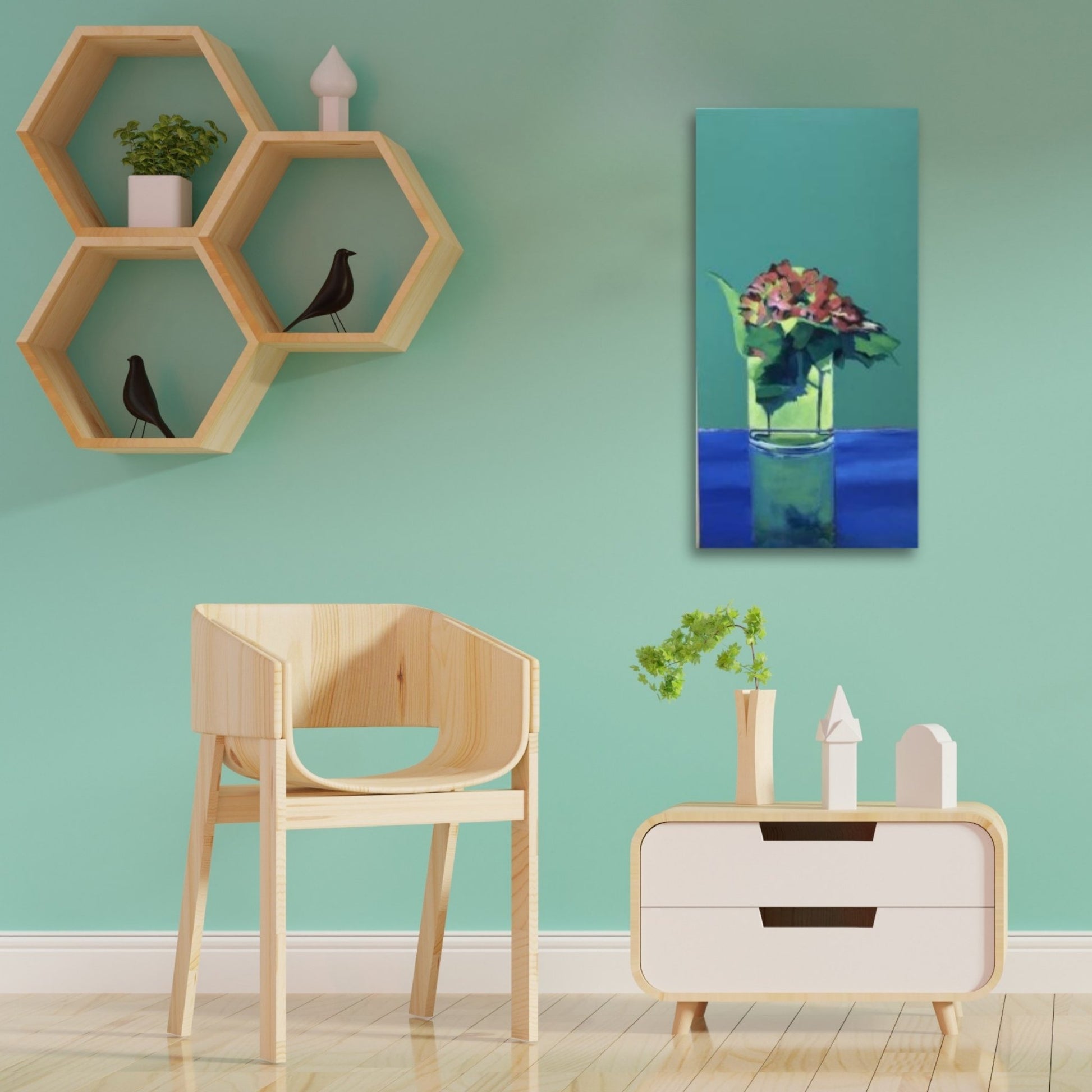 Vertical painting featuring a single pink flower in a glass vase, set against a turquoise backdrop with calming blocks of colour and soft shadow in a lifestyle mockup image