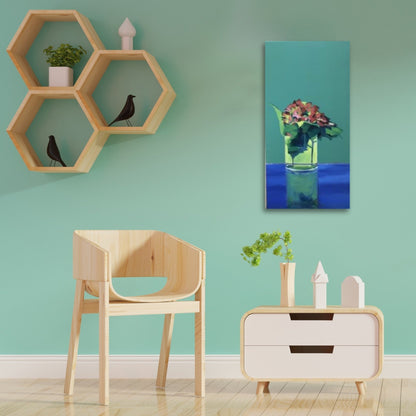 Vertical painting featuring a single pink flower in a glass vase, set against a turquoise backdrop with calming blocks of colour and soft shadow in a lifestyle mockup image