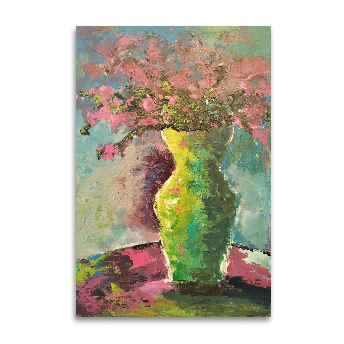 Original acrylic painting by Jenny Bishop titled Green Vase II, showing pink flowers in a shapely green vase on white background