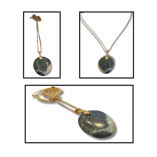 Round greenstone pendant by Gary Howse showing three views — full length on gold chain, close-up front, and angled detail revealing natural stone pattern variation
