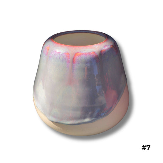 Dawn Mist Vase with soft grey, pink, and coral dripping glazes by Karene Fairey
