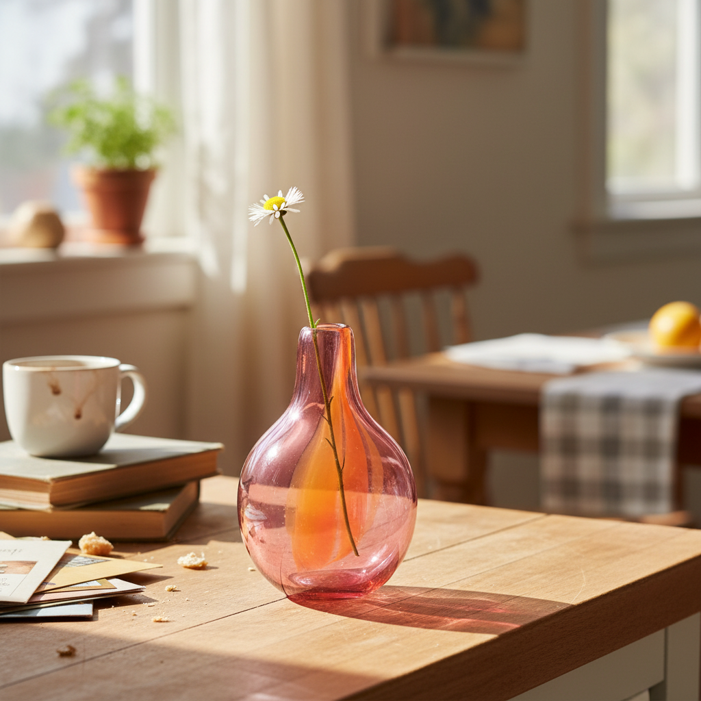 Handcrafted glass bud vase with single flower lifestyle mockup