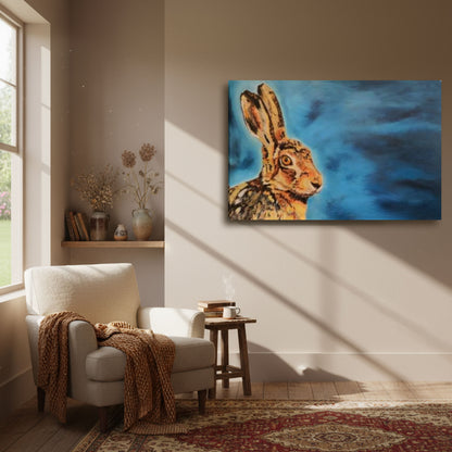 Room interior with a painting of a rabbit on the wall, a chair with a blanket, and a small table.