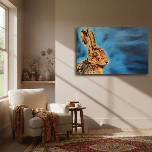Room interior with a painting of a rabbit on the wall, a chair with a blanket, and a small table.
