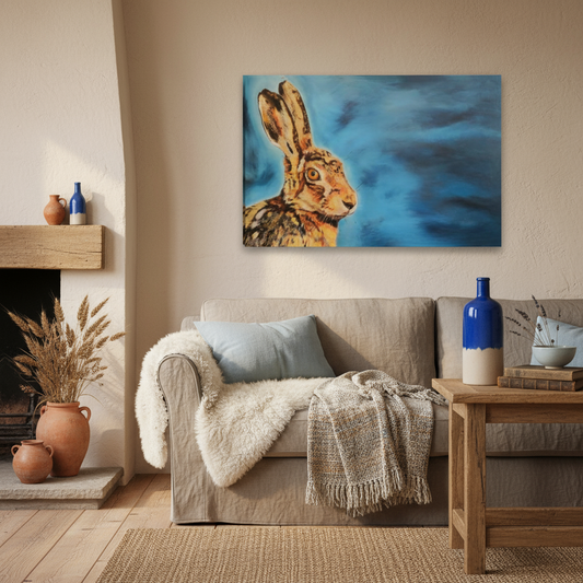 Hare Painting with Blue Ceramic Accents - Rural Homestead Mockup