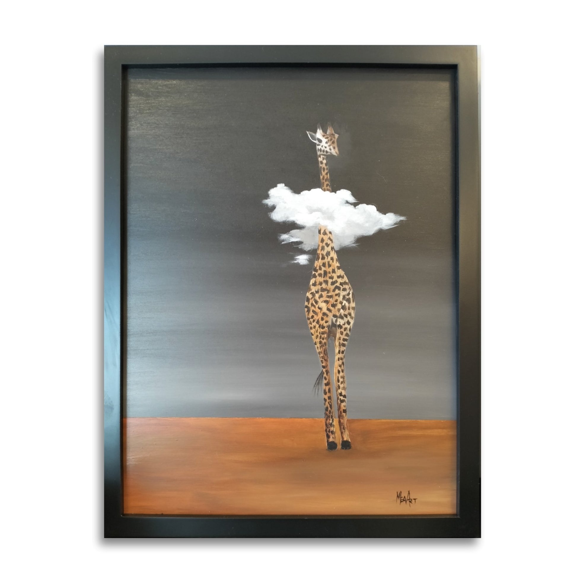 Framed artwork of a giraffe with a cloud on its back against a gray sky by artist Marion Aitken.