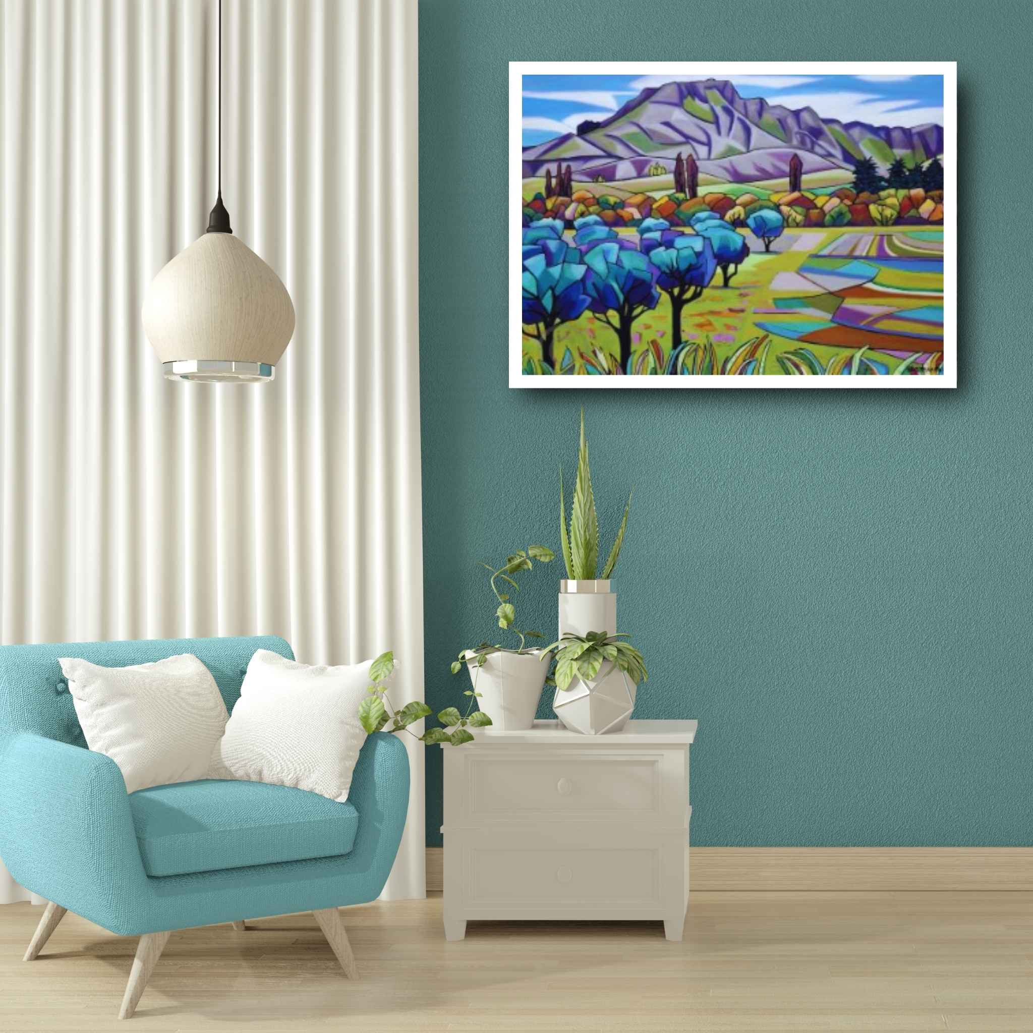 Olives in the Valley painting by Helena Verhaaren showing a colourful landscape with olive trees, patchwork farmland, and Te Mata Peak in the background in a mockup living room
