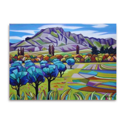 Olives in the Valley painting by Helena Verhaaren showing a colourful landscape with olive trees, patchwork farmland, and Te Mata Peak in the background.