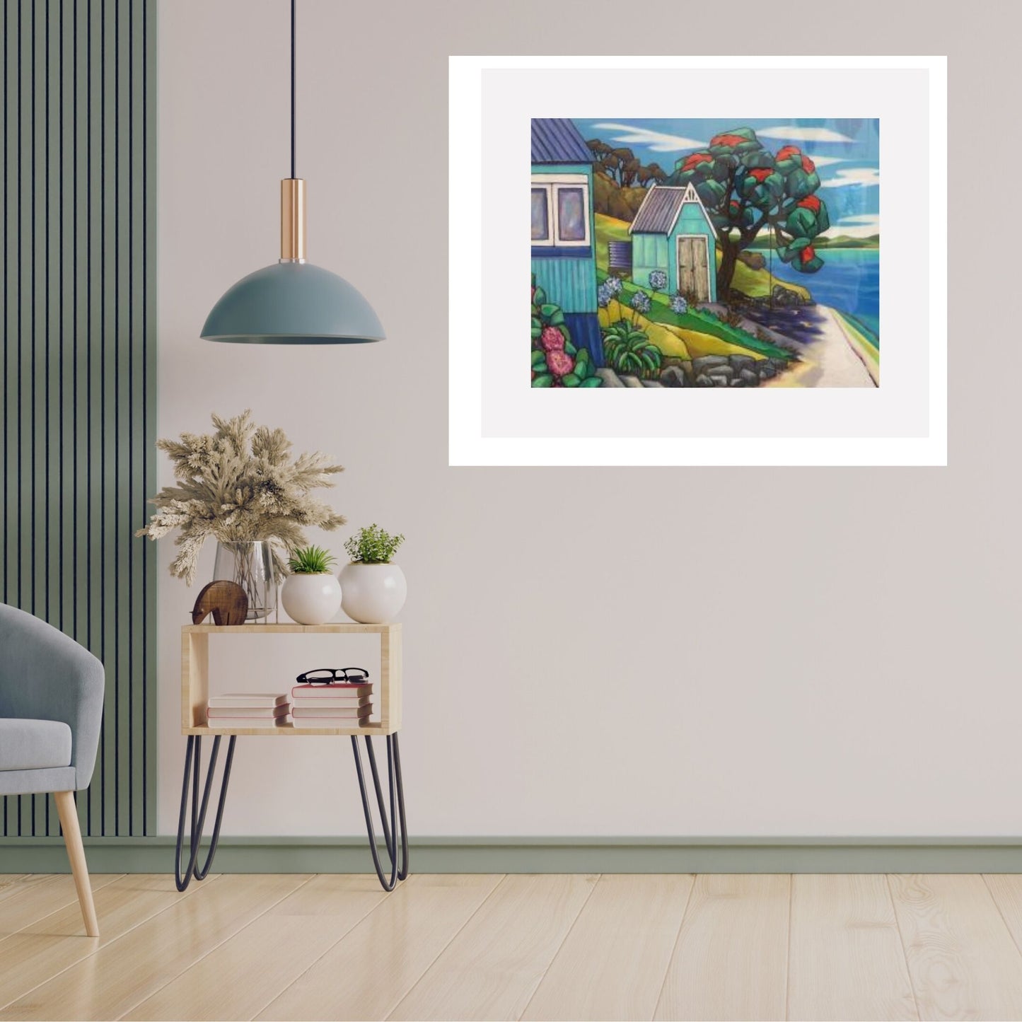 Helena Verhaaren painting of a coastal bach with pink flowers, pohutukawa tree, and sea view in lifestyle mockup