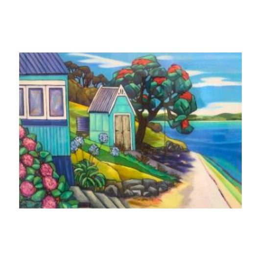 Helena Verhaaren painting of a coastal bach with pink flowers, pohutukawa tree, and sea view on white background