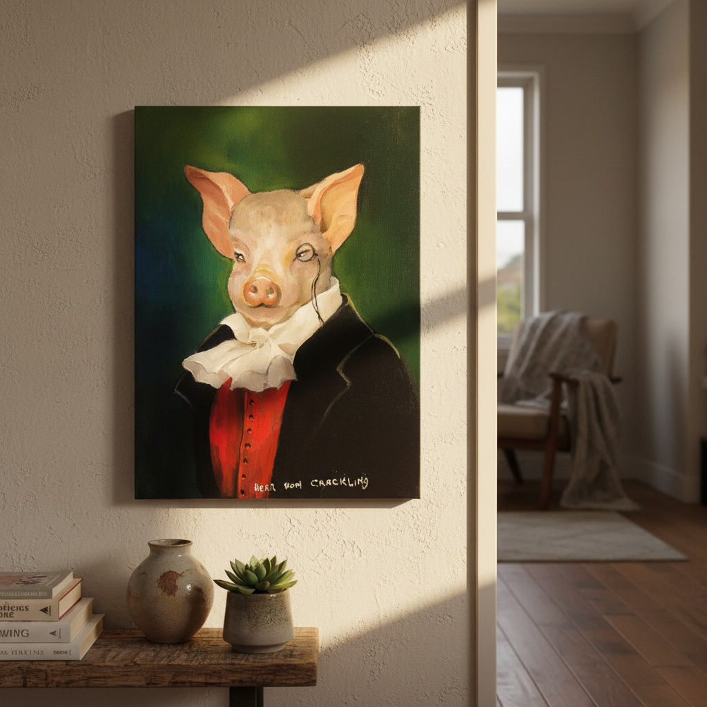 Small unframed oil painting of Herr Von Crackling by Nola Weber hanging in a warm, characterful NZ home interior
