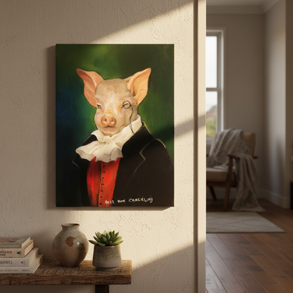 Small unframed oil painting of Herr Von Crackling by Nola Weber hanging in a warm, characterful NZ home interior
