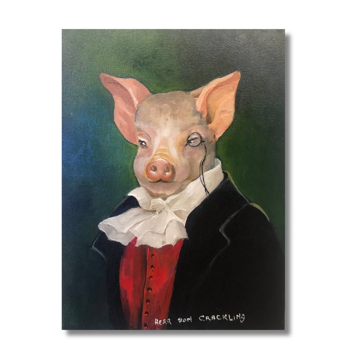Original oil painting of a young pig wearing a monocle, red waistcoat and ruffled cravat, titled Herr Von Crackling, by New Zealand artist Nola Weber
