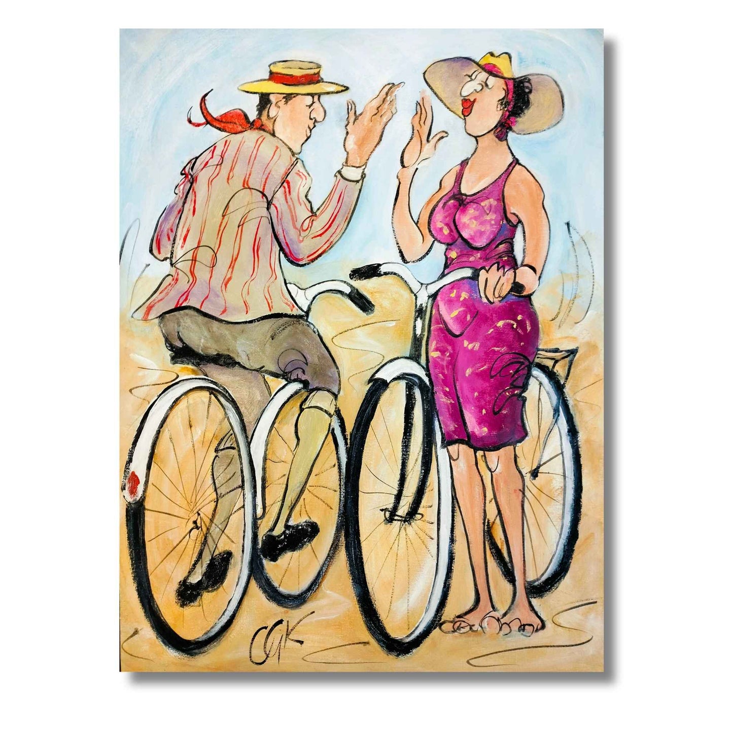Hi-De-Hi original acrylic painting by Chloe King, two women on bicycles laughing, 30x40cm, Red Peach Gallery
