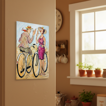 Hi-De-Hi by Chloe King hung on a narrow kitchen wall beside a window, small original painting in a cosy home setting
