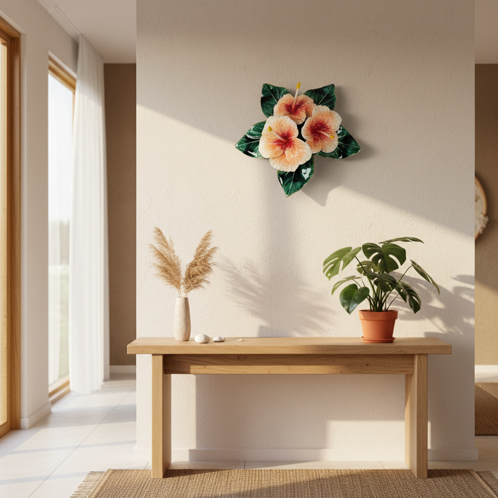Three-dimensional Hibiscus Wall Hanging by Tom Somerville mounted on wall in contemporary home with natural light highlighting sculptural depth
