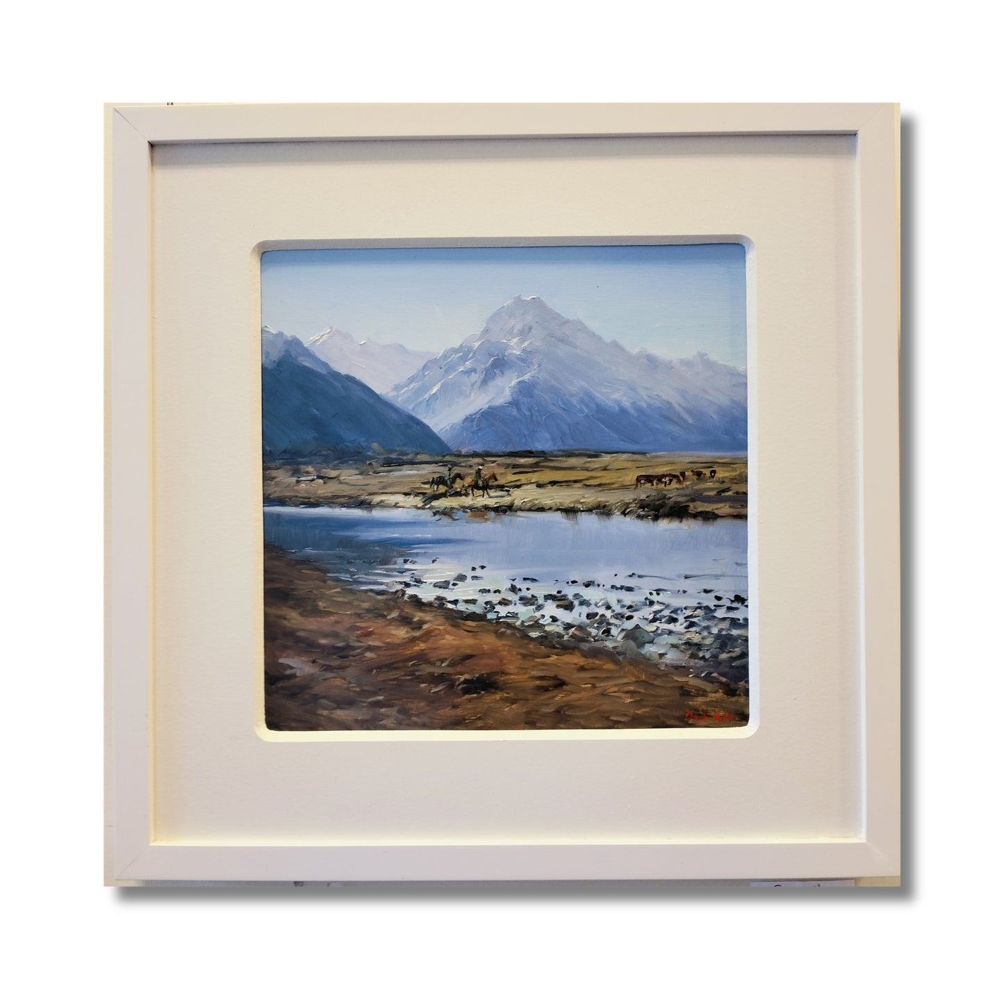 Horseman Tasman Valley, original oil on board by Don Hill, two horsemen mustering cattle below Aoraki Mount Cook with river and tussock flats, white mat and frame

