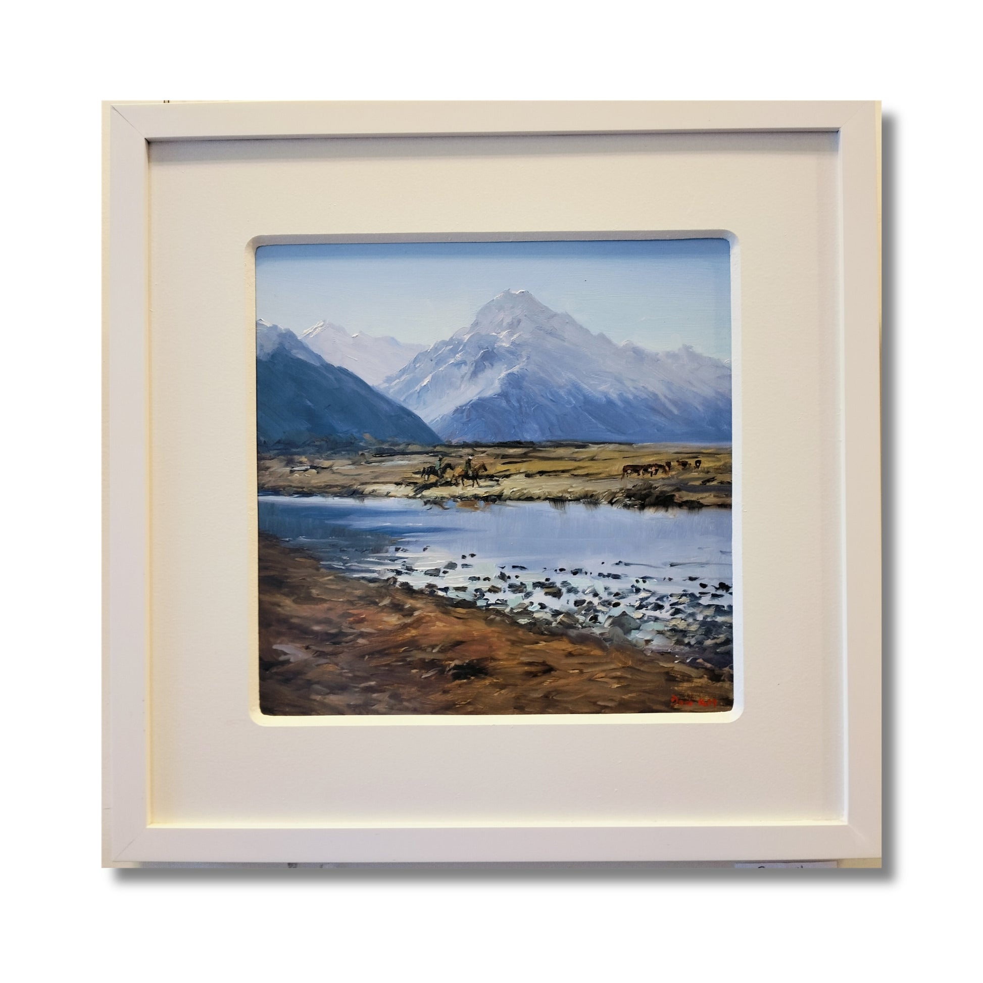 Horseman Tasman Valley, original oil on board by Don Hill, two horsemen mustering cattle below Aoraki Mount Cook with river and tussock flats, white mat and frame

