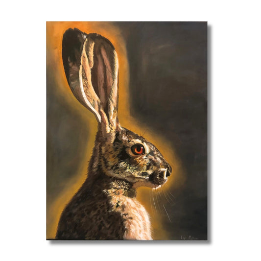 I See You hare portrait painting by Liz Petrie showing detailed hare profile with red eye against golden glowing background
