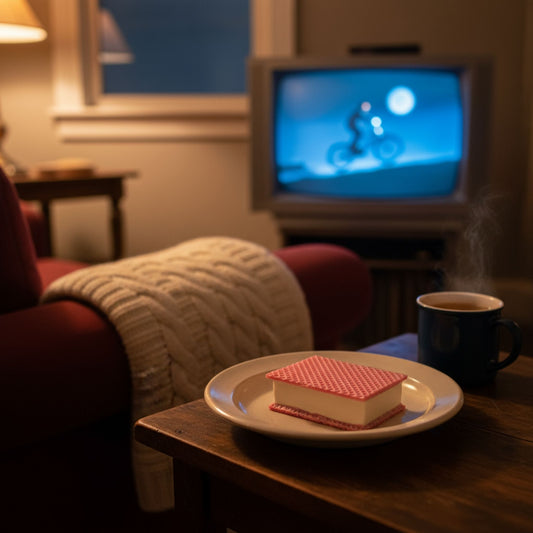 Cozy home scene, movie on, ice cream sandwhich on a plate ready to enjoy