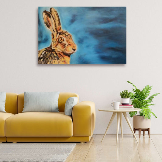 Into the Blue by Liz Petrie displayed in a modern living space – hare portrait in warm browns against blue, adding natural beauty and elegance to the room