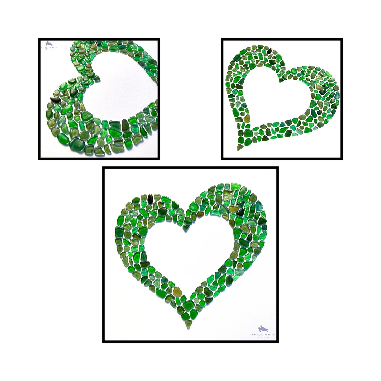 Three heart-shaped designs made of green stones on a white background