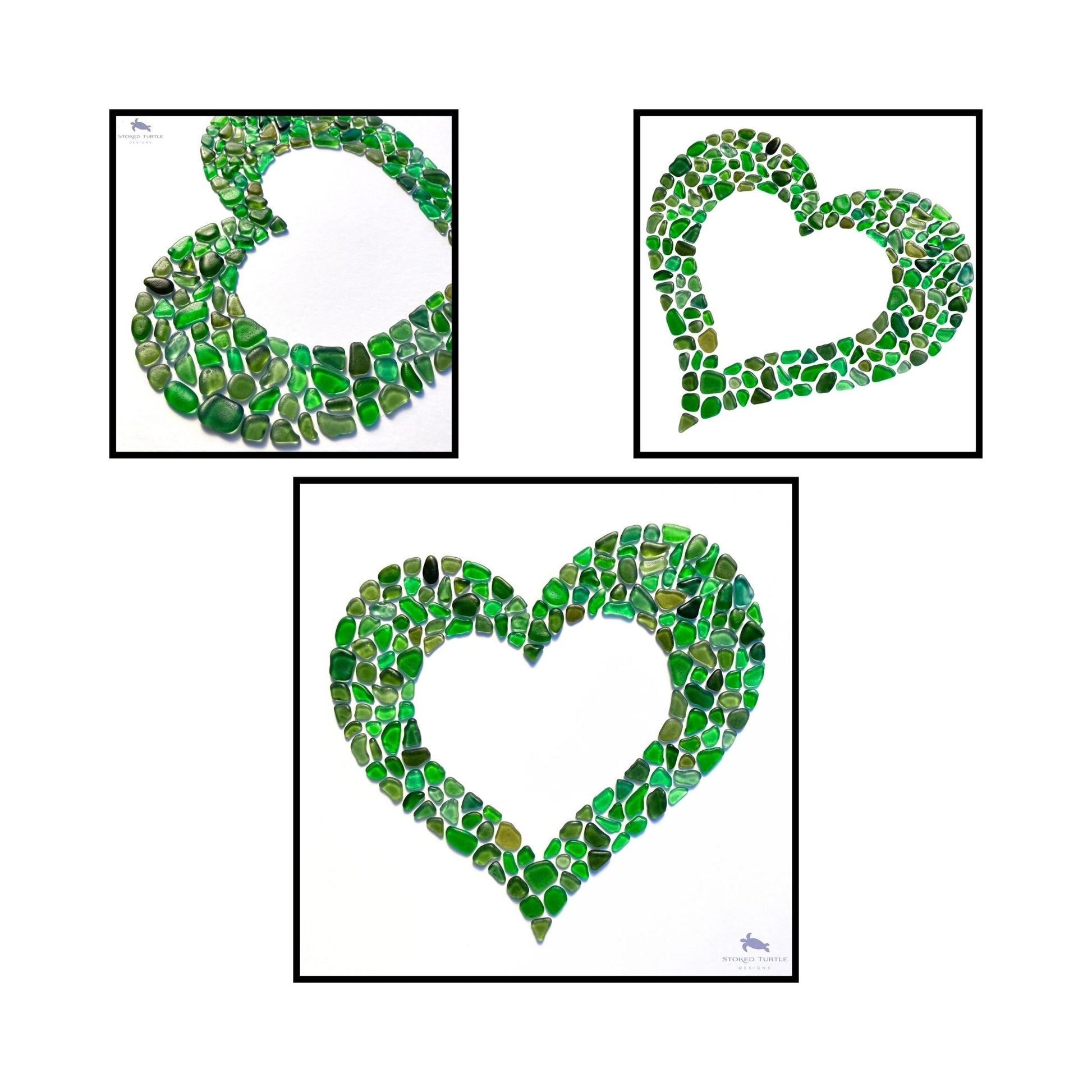 Three heart-shaped designs made of green stones on a white background