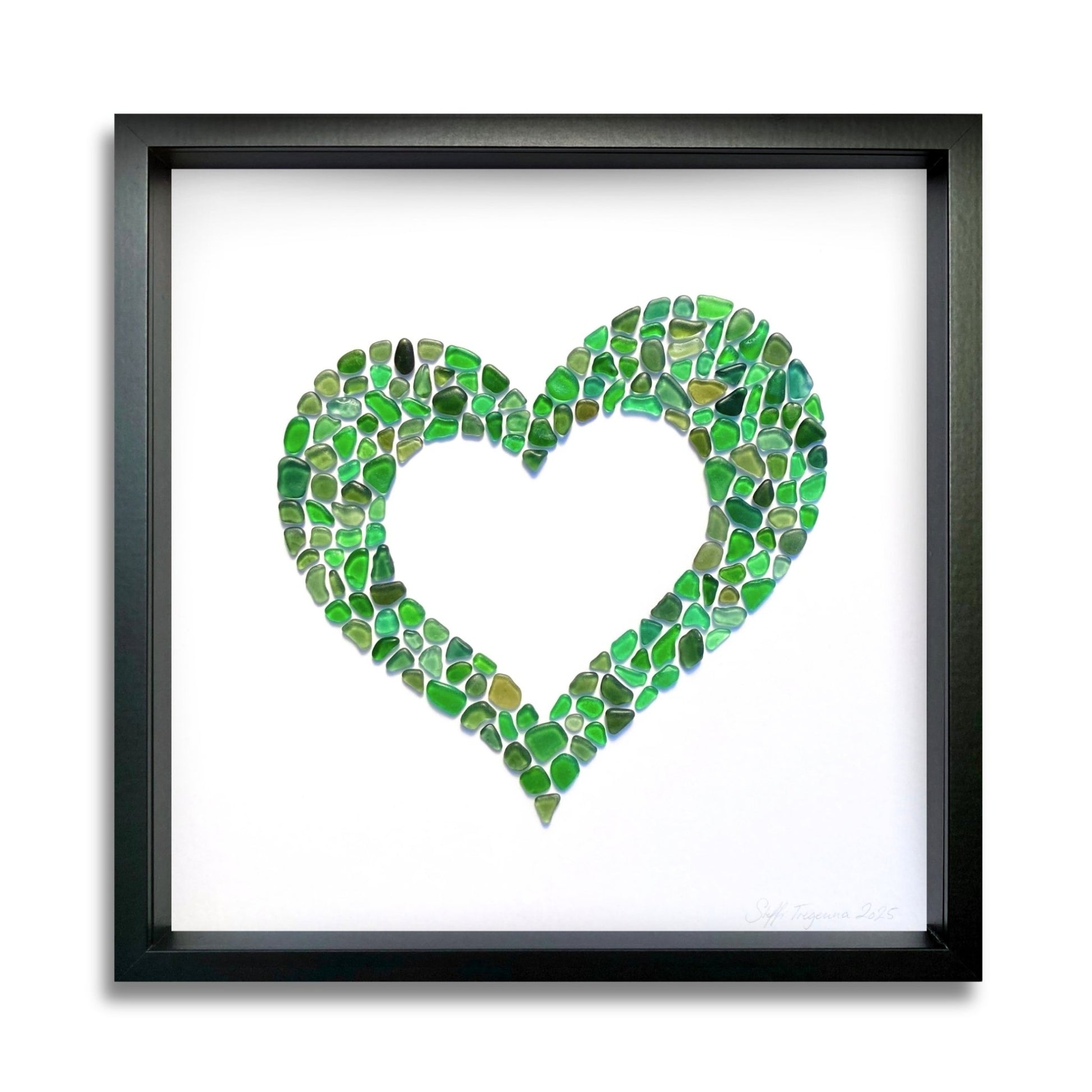 Green Sea Glass Heart by Steffi Tregenna – handcrafted coastal artwork radiating love and harmony