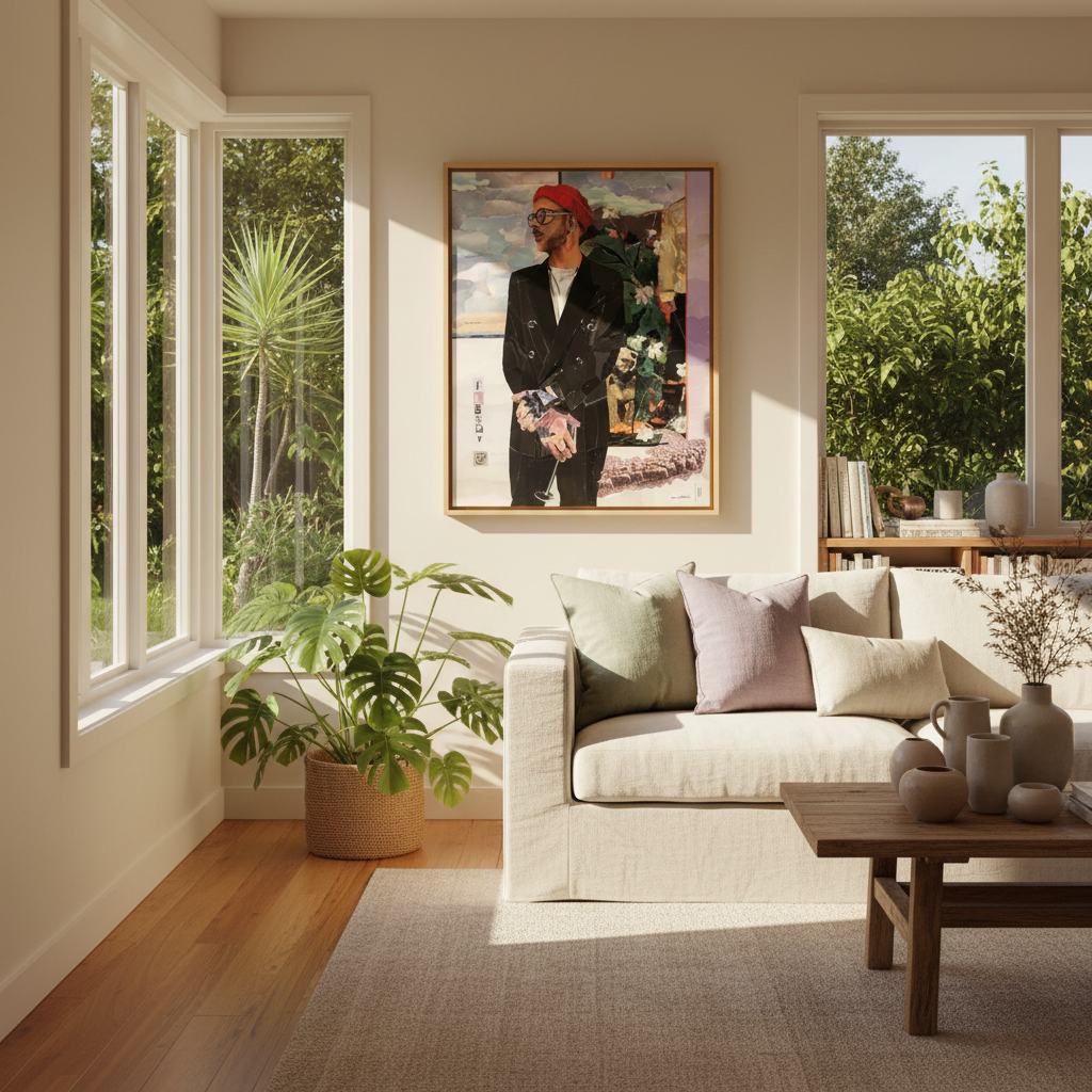 Framed original ripped paper collage portrait of a man in a red beanie and black jacket by Janice Corbishley, in a home mock up setting.