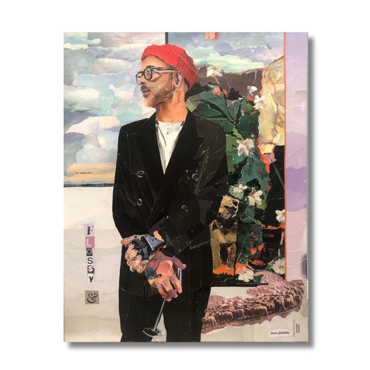 Framed original ripped paper collage portrait of a man in a red beanie and black jacket by Janice Corbishley, 55 x 70cm, titled JR
