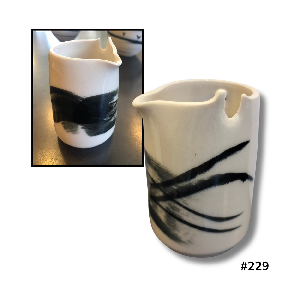 Jug with Pinched Rim #229 by Lyn Rigg, a creamy porcelain jug with sweeping black agateware markings and a shaped pouring lip, shown from two angles.
