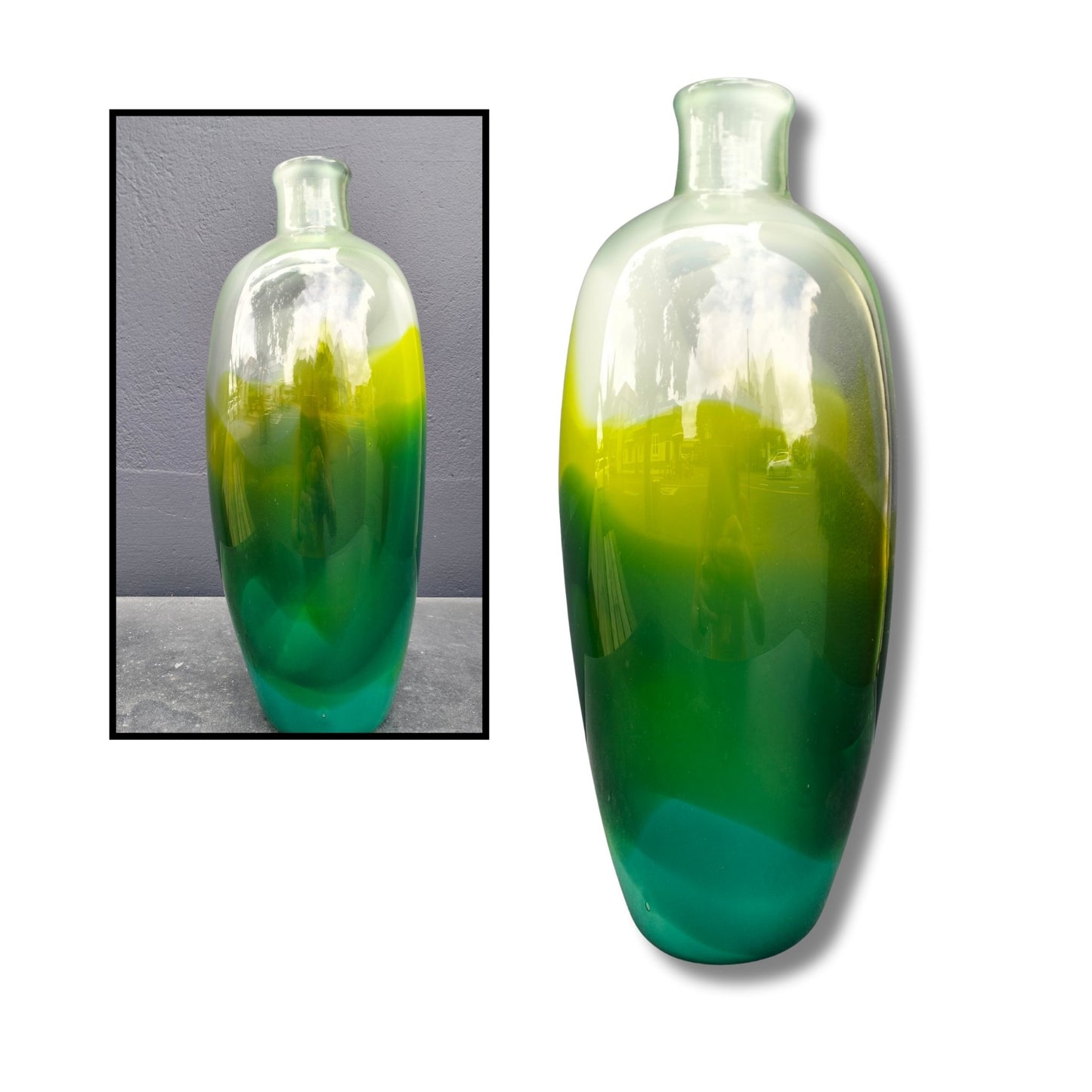 Jungle Canopy hand-blown glass vase by Heather Kremen in graduated emerald green to lime green to clear glass
