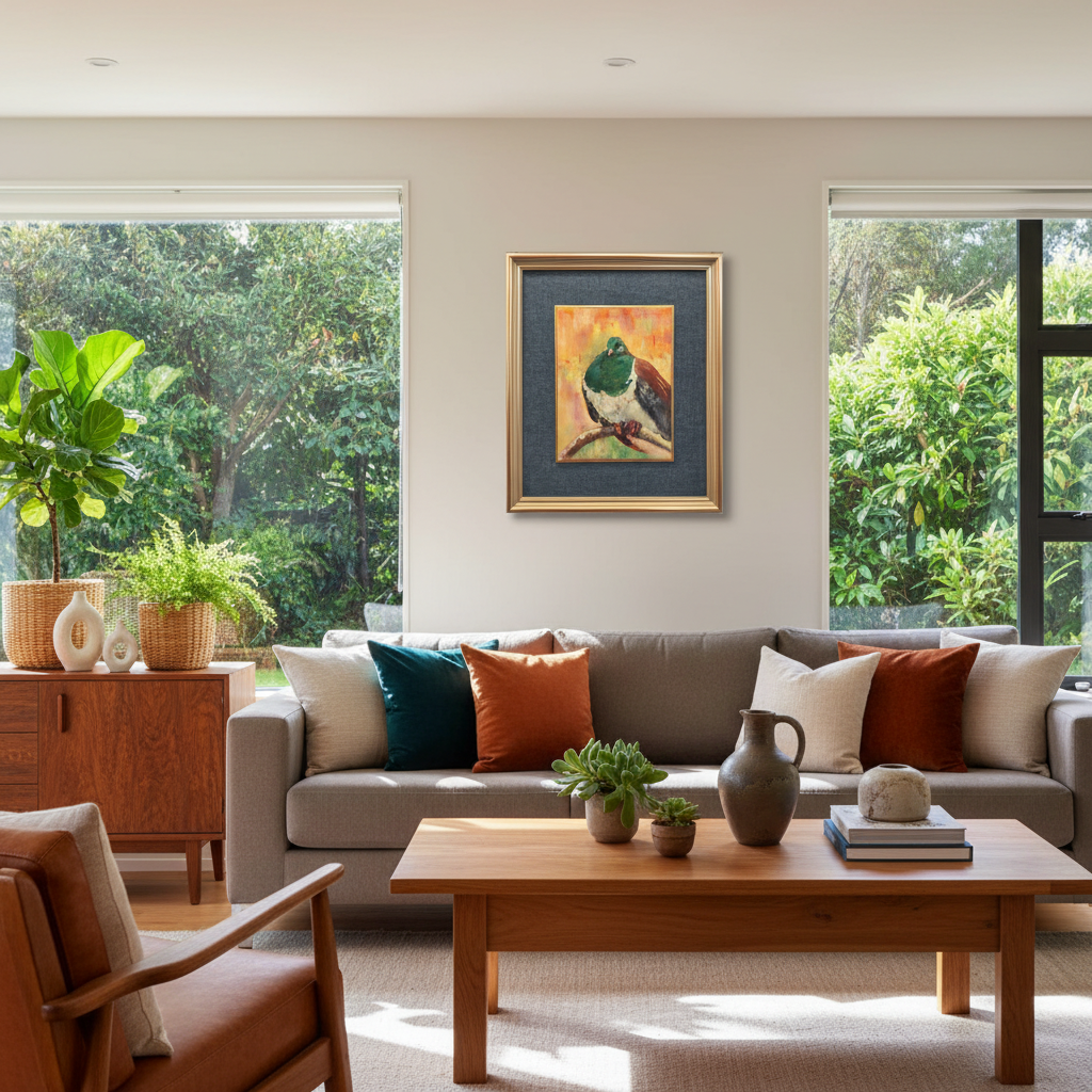 Kererū at Rest by Jane McIntosh displayed in a contemporary NZ home interior, framed oil painting of a kererū in warm teal and gold tones
