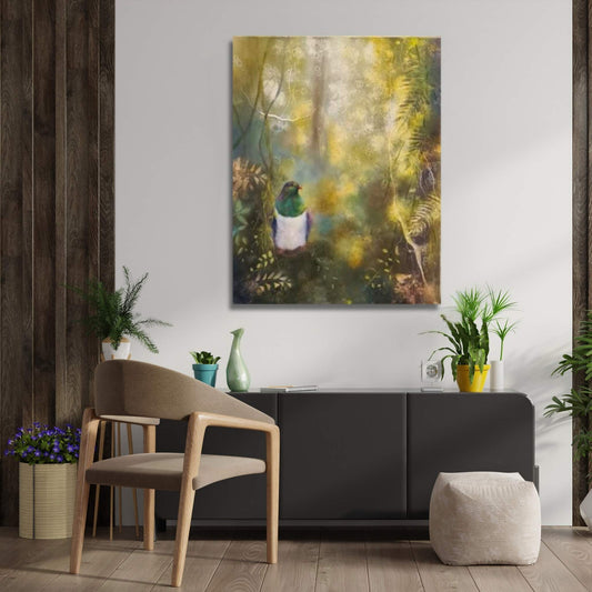 Kereru Musing artwork by Carol Theologo displayed in a modern home interior setting