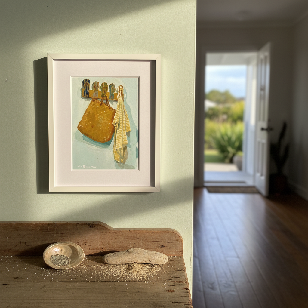 Wendy Shipman's Kete and Jandals gouache painting in a white frame hanging in a warm NZ coastal home entryway
