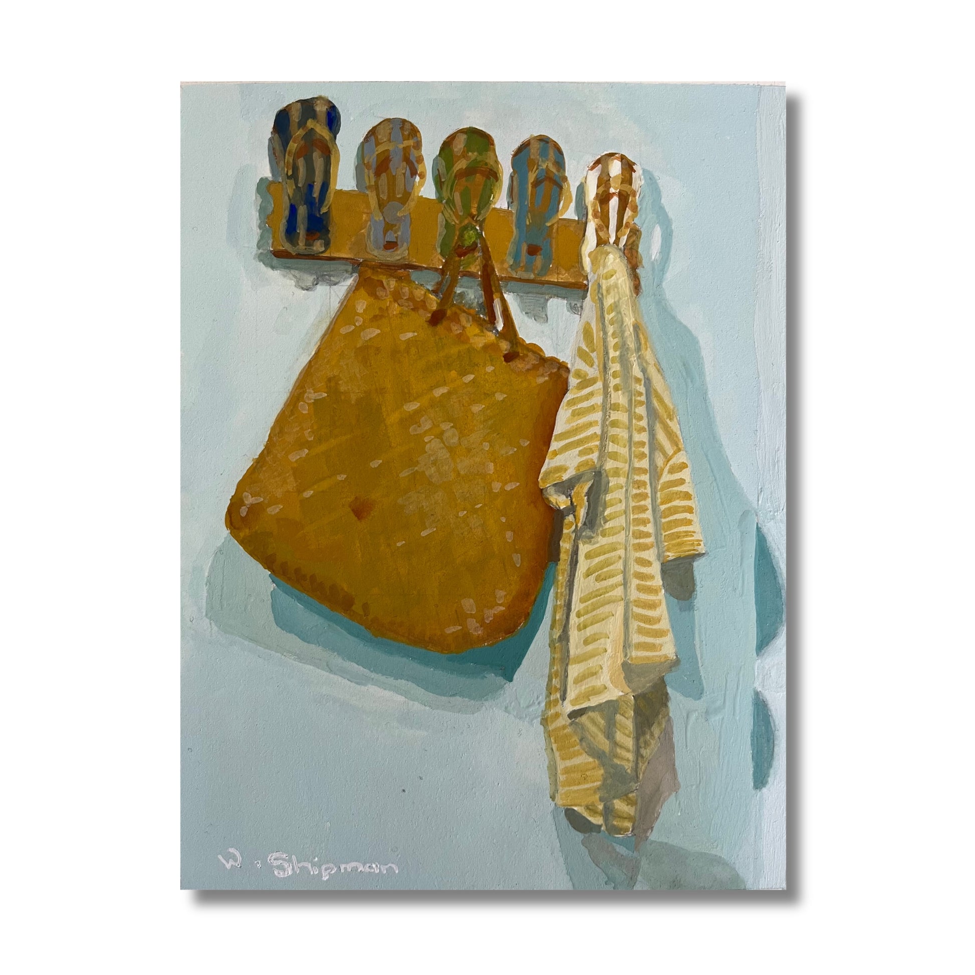 Gouache painting of a golden kete bag and striped towel on jandal hooks, pale blue-green background, by NZ artist Wendy Shipman
