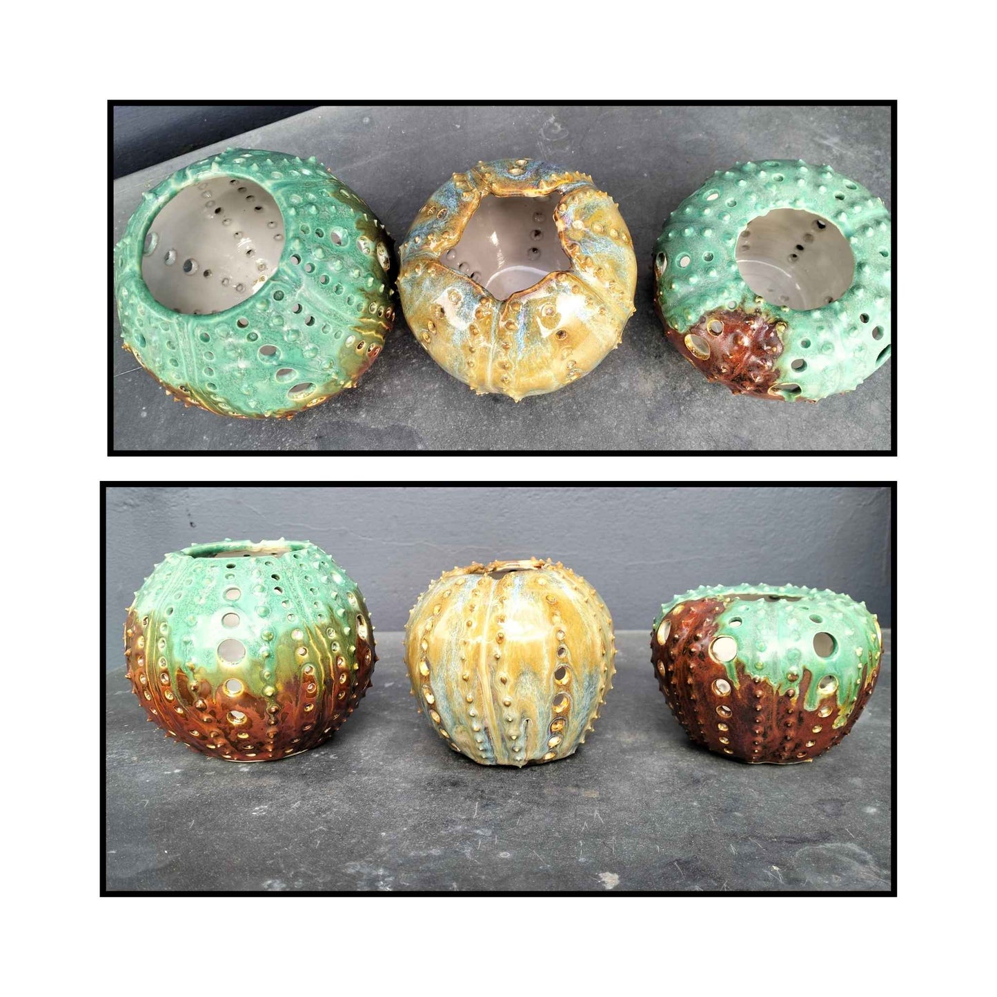 Three decorative sea urchin-shaped candle holders on a dark surface.