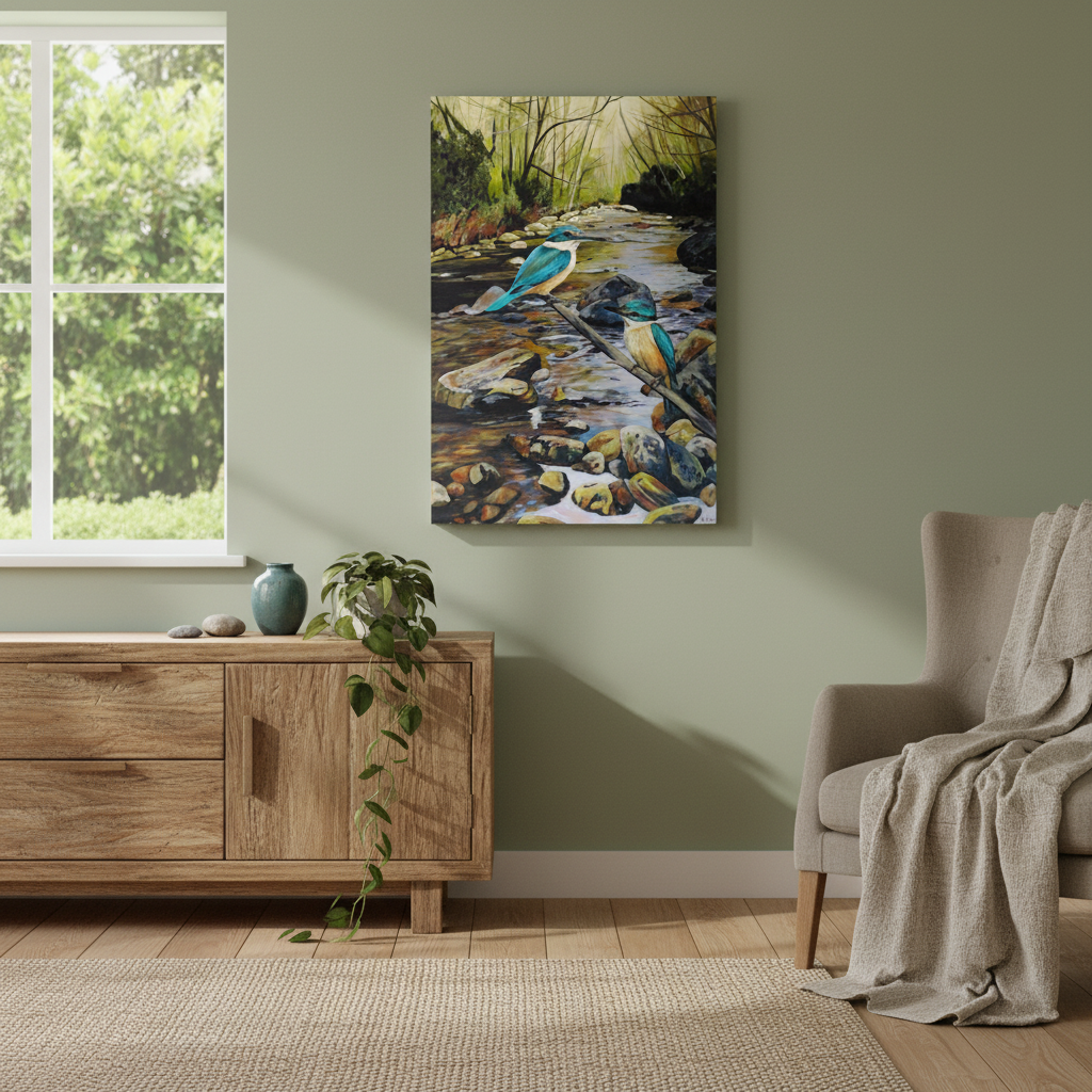 Vanessa Owens Kotare Rua kingfisher painting hung in a warm lived-in New Zealand home interior, Red Peach Gallery Napier
