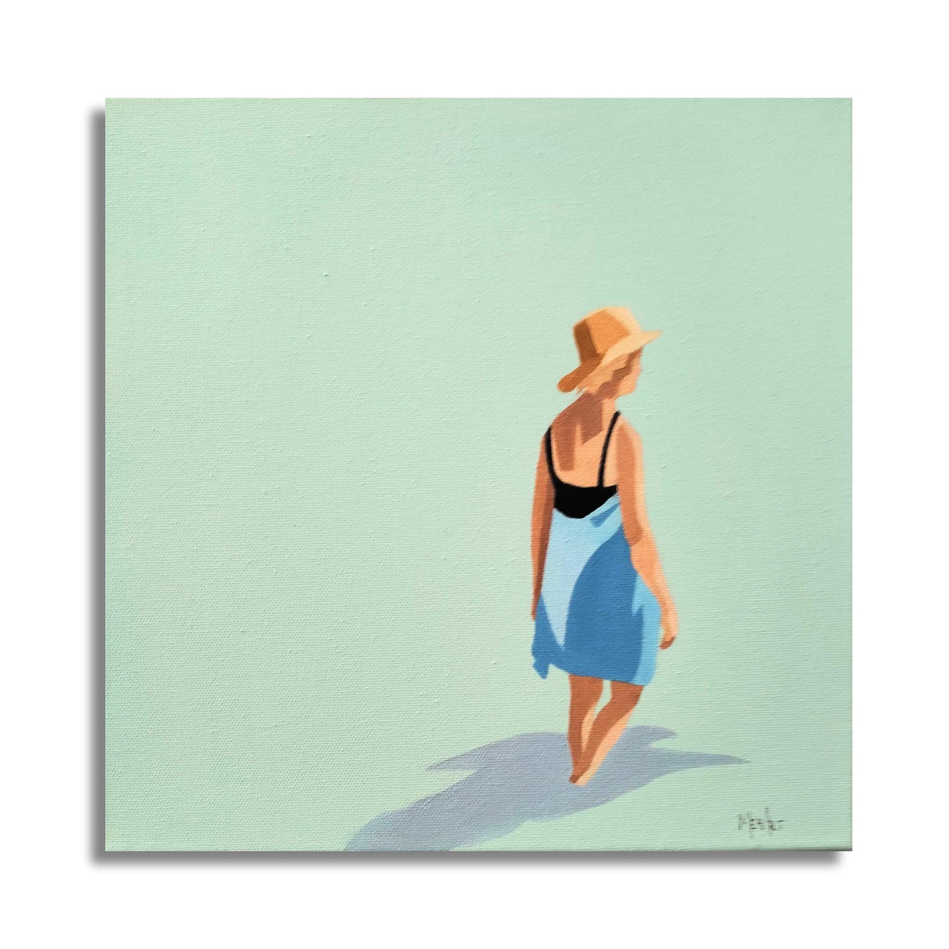 Uplifting beach painting capturing the peace of a solo walk by the ocean. Original oil on canvas by Marion Aitken celebrating moments of freedom from Red Peach Gallery