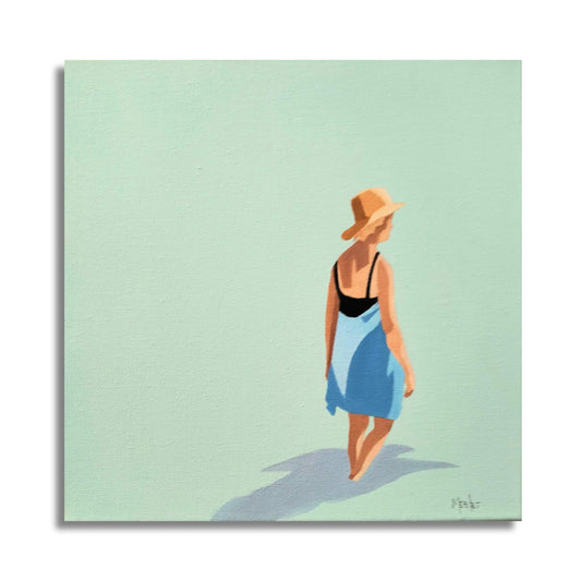 Uplifting beach painting capturing the peace of a solo walk by the ocean. Original oil on canvas by Marion Aitken celebrating moments of freedom from Red Peach Gallery